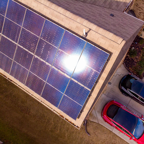 aerial view of home with solar panels